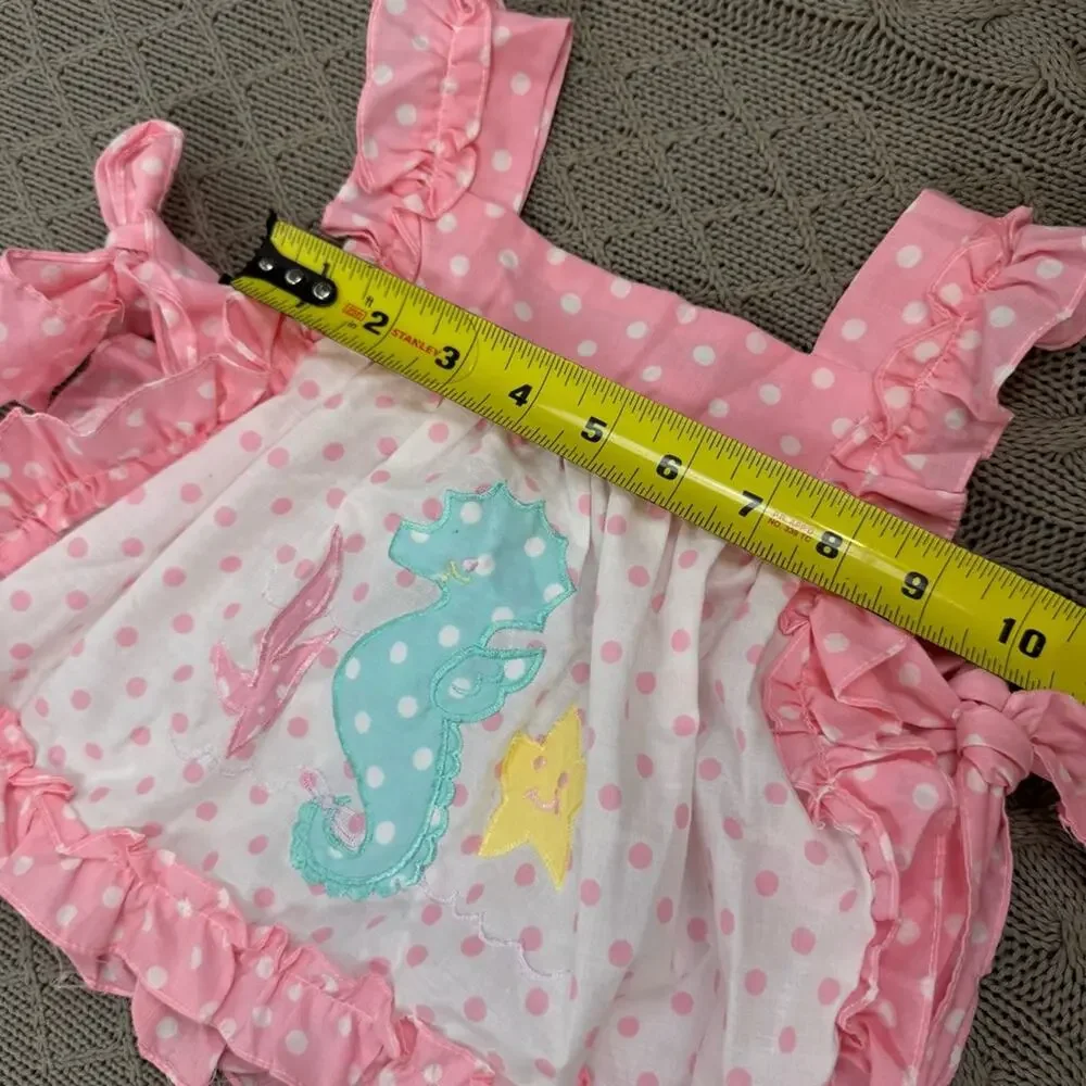Vintage Broadway Kids Pink Polka Dot Apron Pinnie Tunic Seahorse Design ~9M